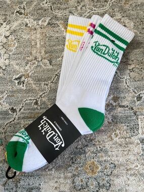 Von Dutch White Crew Socks with Green, Yellow & Pink Stripes